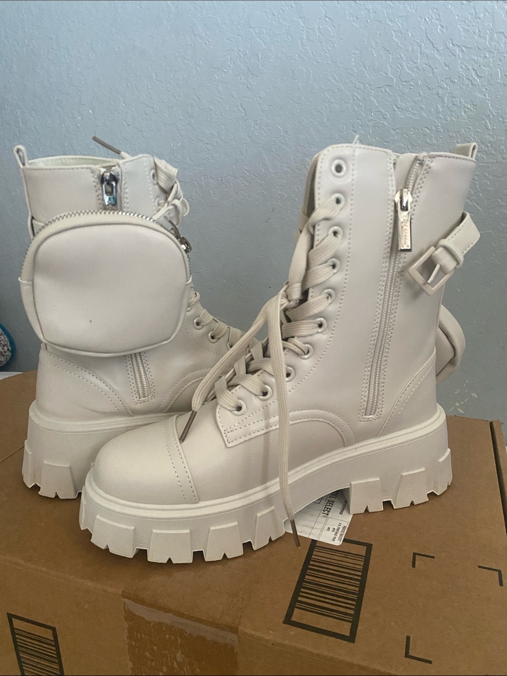Chunky Lace-Up Combat Boots with Removable Pouch - Cream